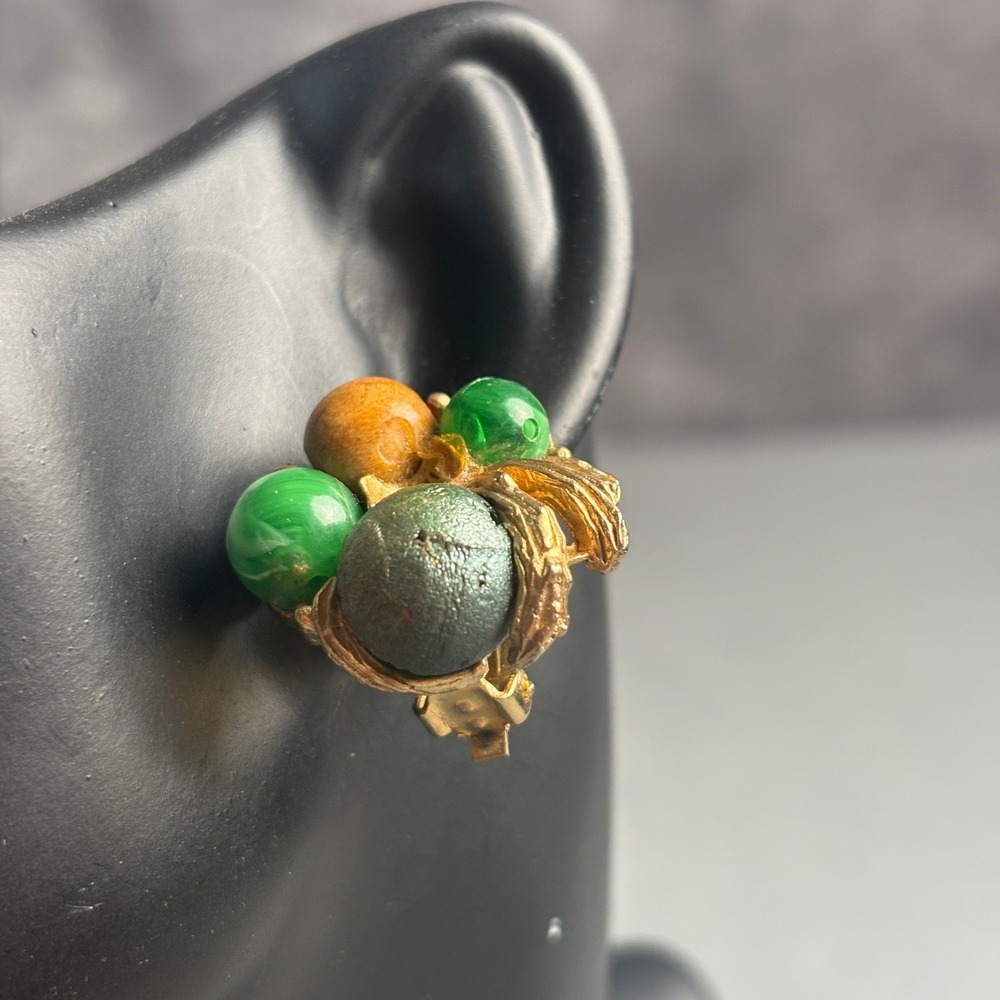 Vintage ART Clip On Earrings Gold Tone Green Faux Pearl Wood Bead Cluster MCM